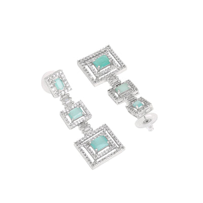 Estele Rhodium Plated CZ Geometric Designer Necklace Set with Mint Green Crystals for Women