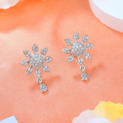 Estele Rhodium Plated CZ Floral Designer Drop Earrings for Women