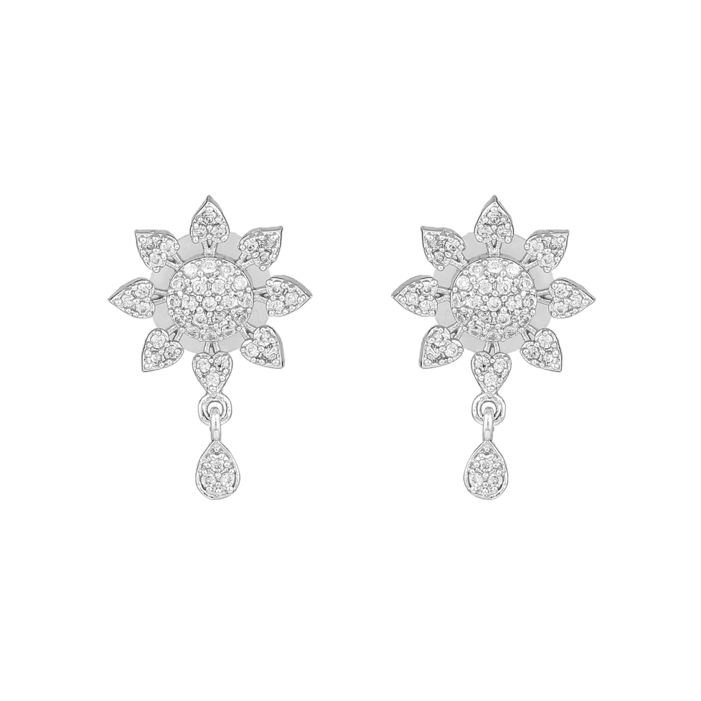 Estele Rhodium Plated CZ Floral Designer Drop Earrings for Women