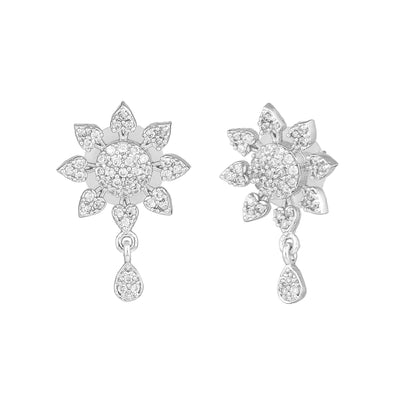 Estele Rhodium Plated CZ Floral Designer Drop Earrings for Women