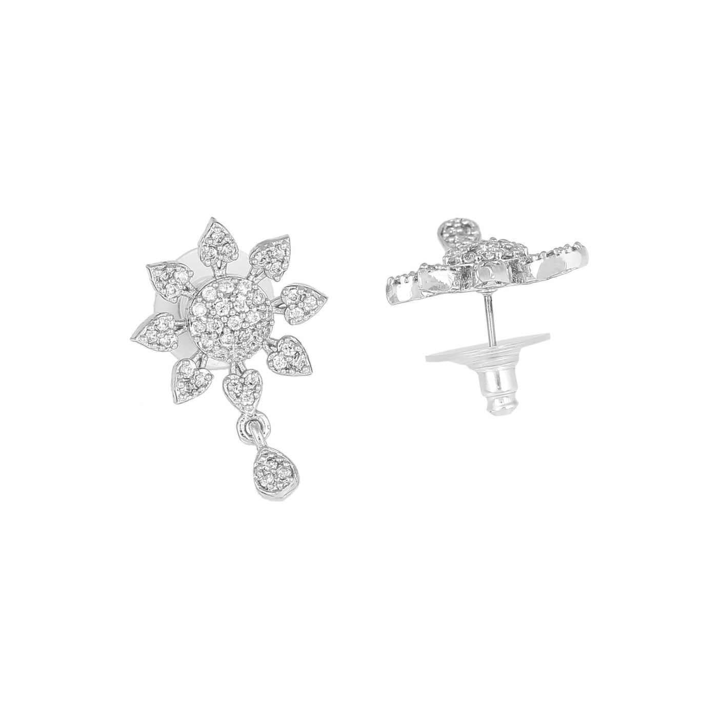 Estele Rhodium Plated CZ Floral Designer Drop Earrings for Women