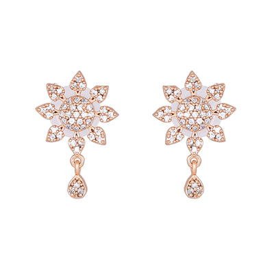 Estele Rose Gold Plated CZ Floral Designer Drop Earrings for Women