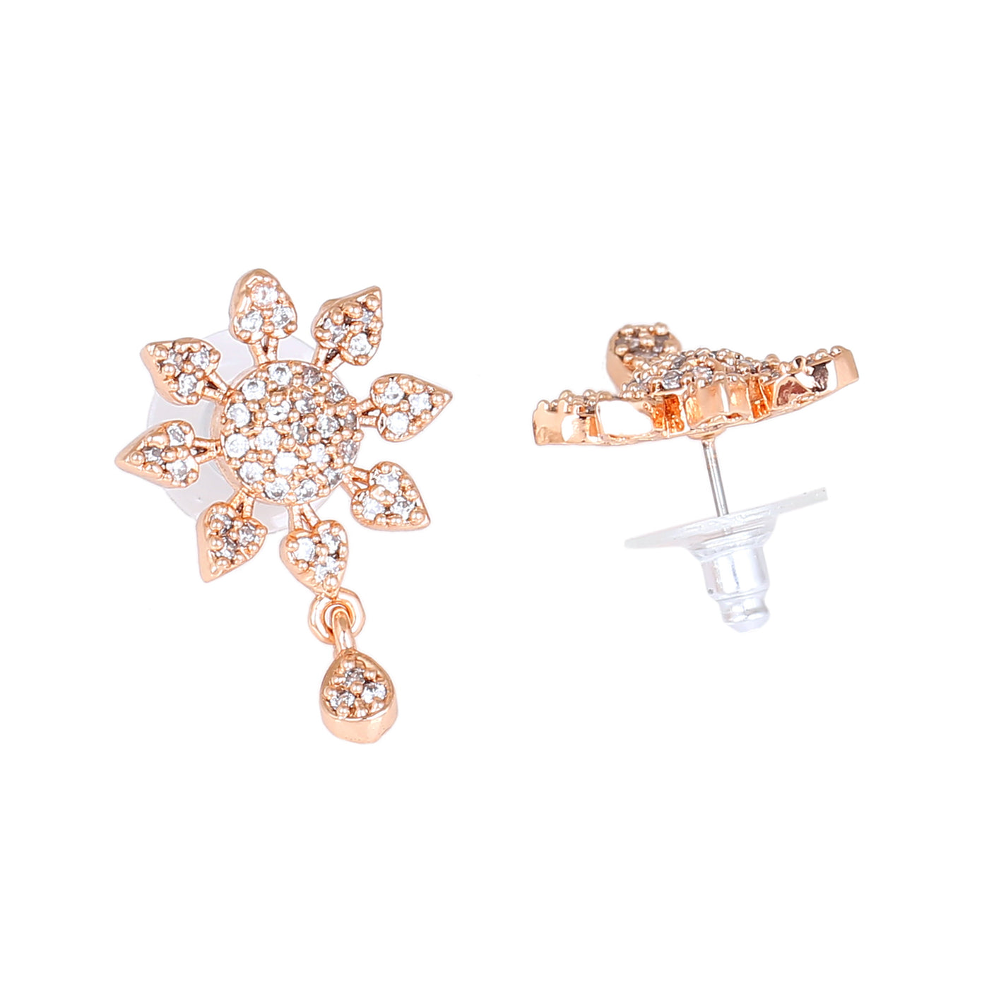 Estele Rose Gold Plated CZ Floral Designer Drop Earrings for Women