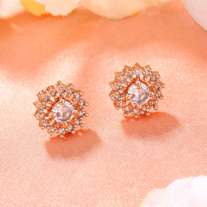 Estele Rose Gold Plated CZ Flower Designer Stud Earrings for Women