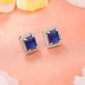 Estele Rhodium Plated CZ Square Designer Stud Earrings with Blue Crystals for Women