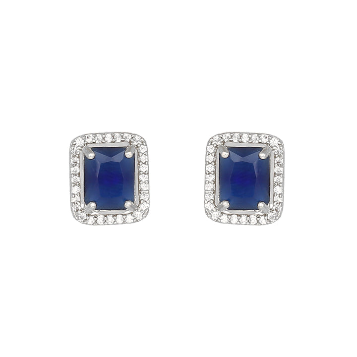 Estele Rhodium Plated CZ Square Designer Stud Earrings with Blue Crystals for Women