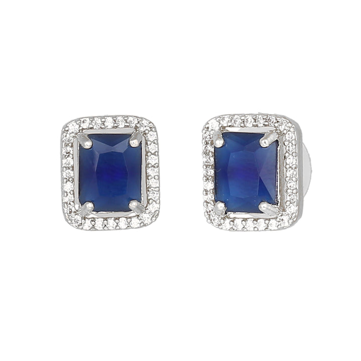 Estele Rhodium Plated CZ Square Designer Stud Earrings with Blue Crystals for Women