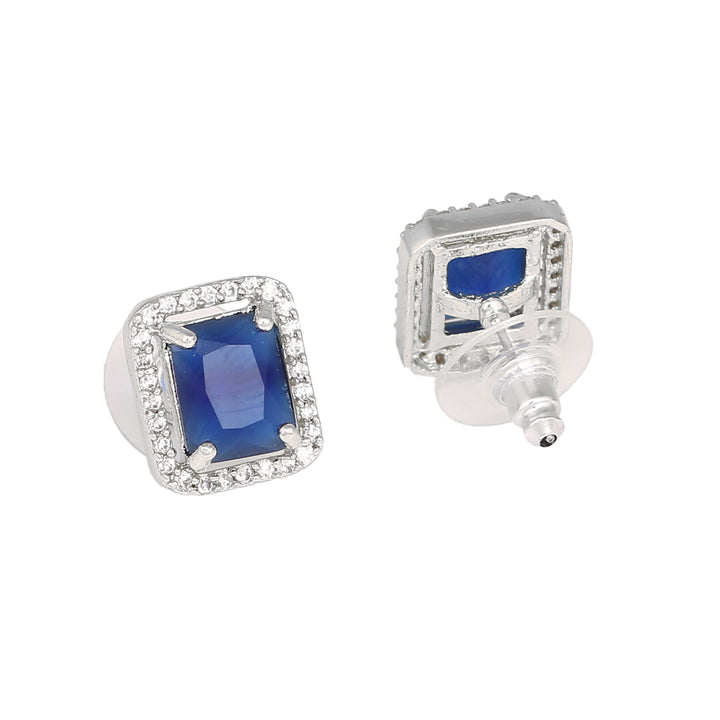 Estele Rhodium Plated CZ Square Designer Stud Earrings with Blue Crystals for Women
