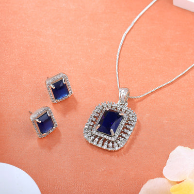 Estele Rhodium Plated CZ Sparkling Square Designer Pendant Set with Blue Crystals for Women