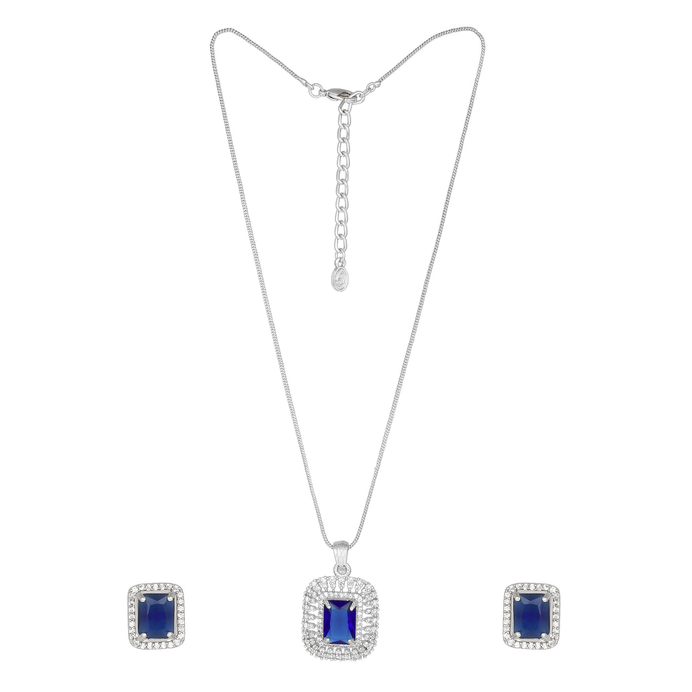 Estele Rhodium Plated CZ Sparkling Square Designer Pendant Set with Blue Crystals for Women