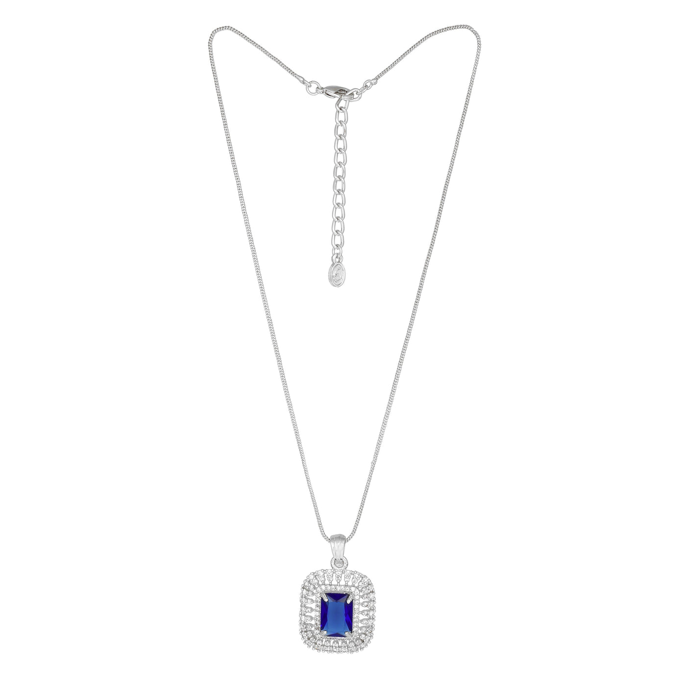 Estele Rhodium Plated CZ Sparkling Square Designer Pendant Set with Blue Crystals for Women