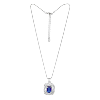 Estele Rhodium Plated CZ Sparkling Square Designer Pendant Set with Blue Crystals for Women