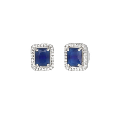 Estele Rhodium Plated CZ Sparkling Square Designer Pendant Set with Blue Crystals for Women