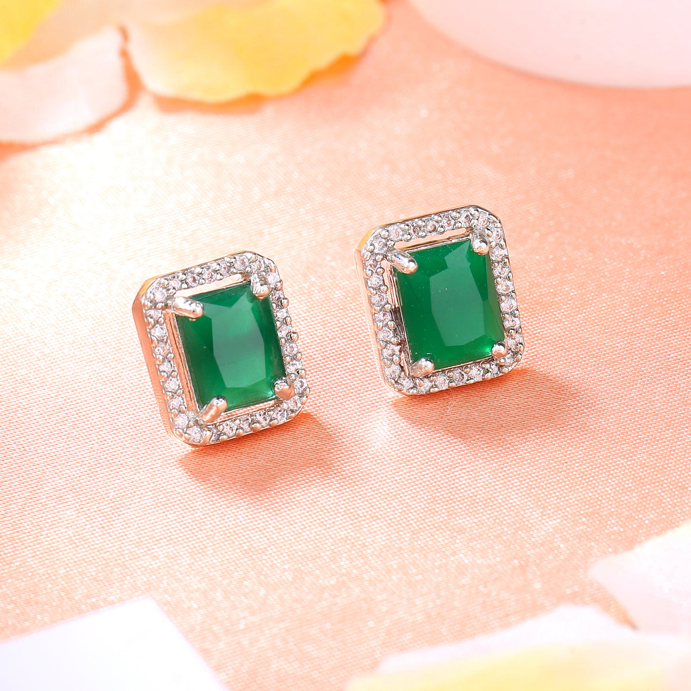 Estele Rhodium Plated CZ Square Designer Stud Earrings with Green Crystals for Women