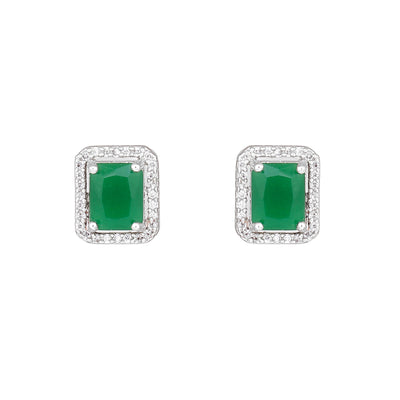 Estele Rhodium Plated CZ Square Designer Stud Earrings with Green Crystals for Women