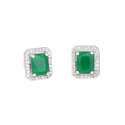 Estele Rhodium Plated CZ Square Designer Stud Earrings with Green Crystals for Women