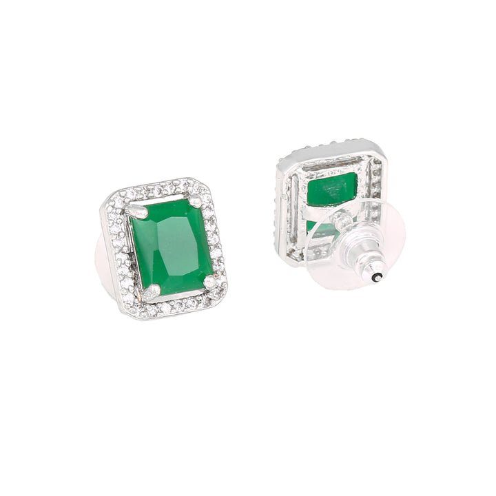 Estele Rhodium Plated CZ Square Designer Stud Earrings with Green Crystals for Women