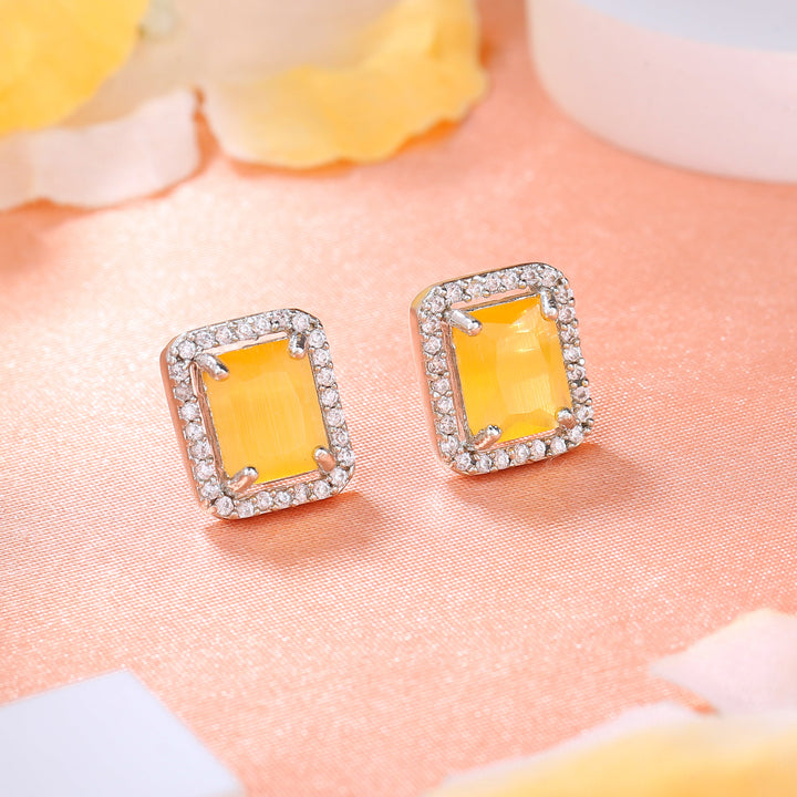 Estele Rhodium Plated CZ Square Designer Stud Earrings with Yellow Crystals for Women