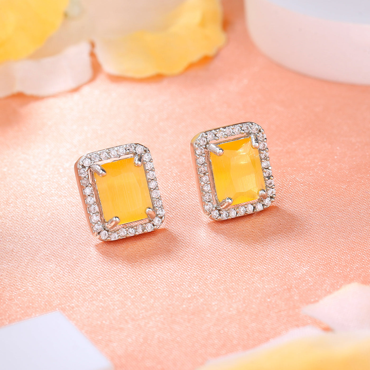 Estele Rhodium Plated CZ Square Designer Stud Earrings with Yellow Crystals for Women