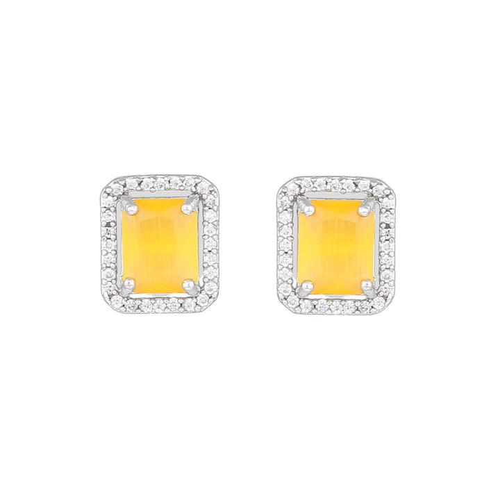 Estele Rhodium Plated CZ Square Designer Stud Earrings with Yellow Crystals for Women