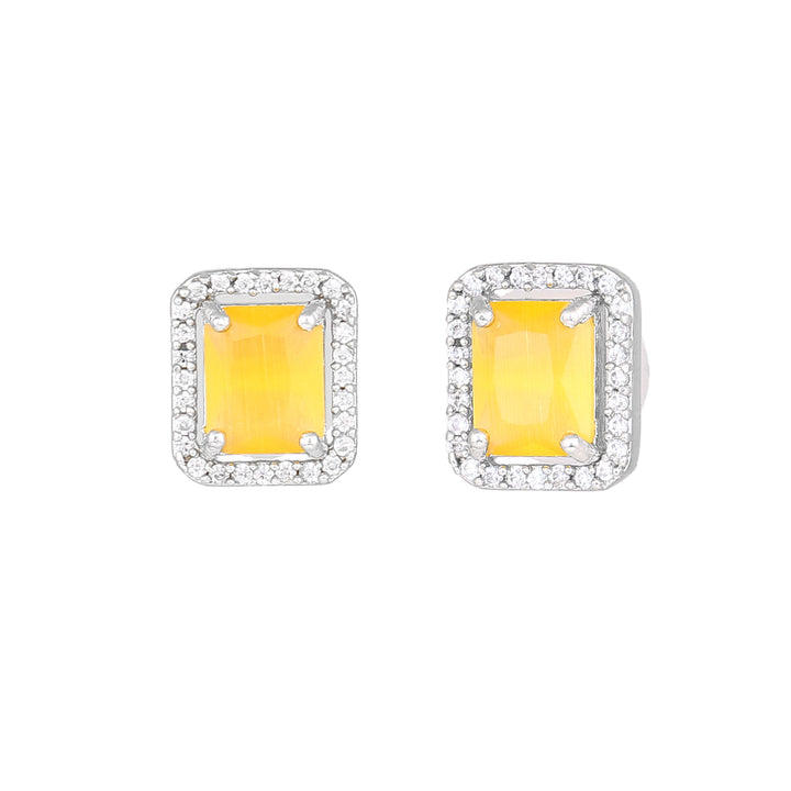 Estele Rhodium Plated CZ Square Designer Stud Earrings with Yellow Crystals for Women