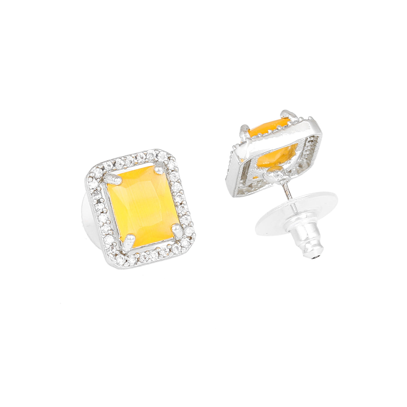 Estele Rhodium Plated CZ Square Designer Stud Earrings with Yellow Crystals for Women