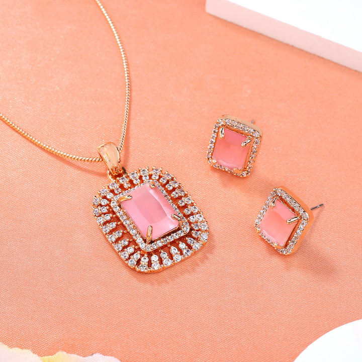 Estele Rose Gold Plated CZ Sparkling Square Designer Pendant Set with Mint Pink Crystals for Women