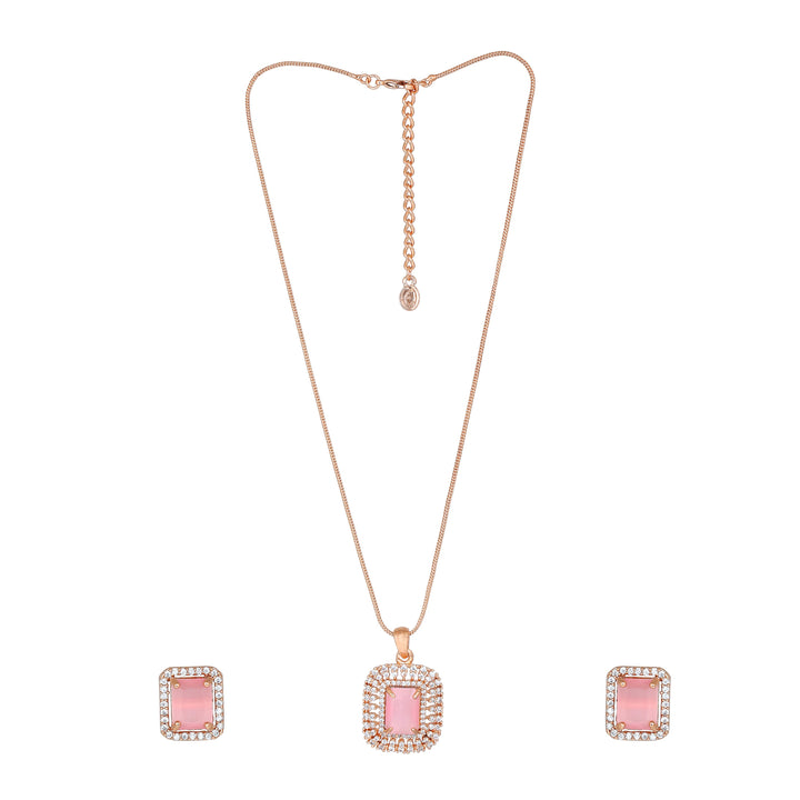 Estele Rose Gold Plated CZ Sparkling Square Designer Pendant Set with Mint Pink Crystals for Women