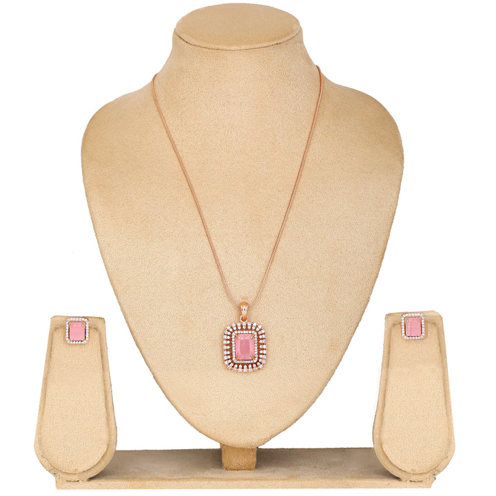 Estele Rose Gold Plated CZ Sparkling Square Designer Pendant Set with Mint Pink Crystals for Women