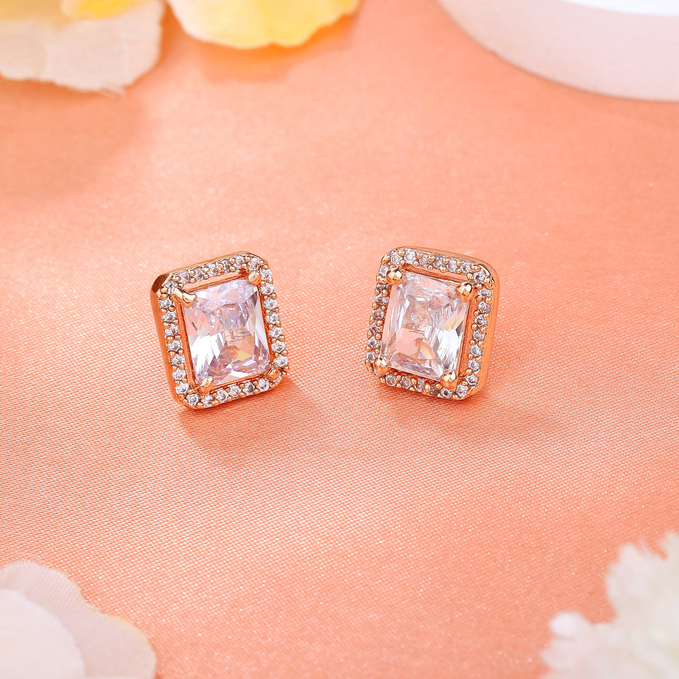 Estele Rose Gold Plated CZ Square Designer Stud Earrings for Women