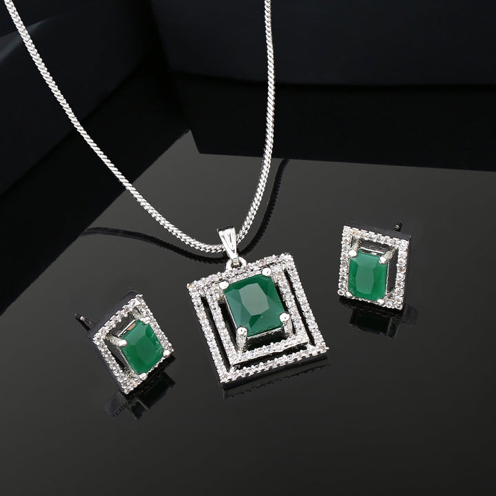 Estele Rhodium Plated CZ Attractive Pendant Set with Green Crystals for Women
