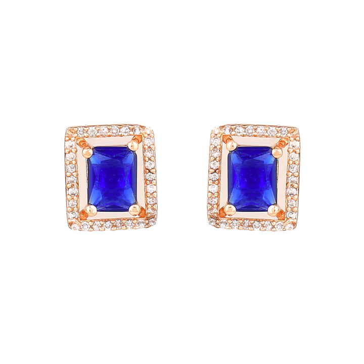 Estele Rose Gold Plated CZ Sparkling Designer Stud Earrings with Blue Crystals for Women