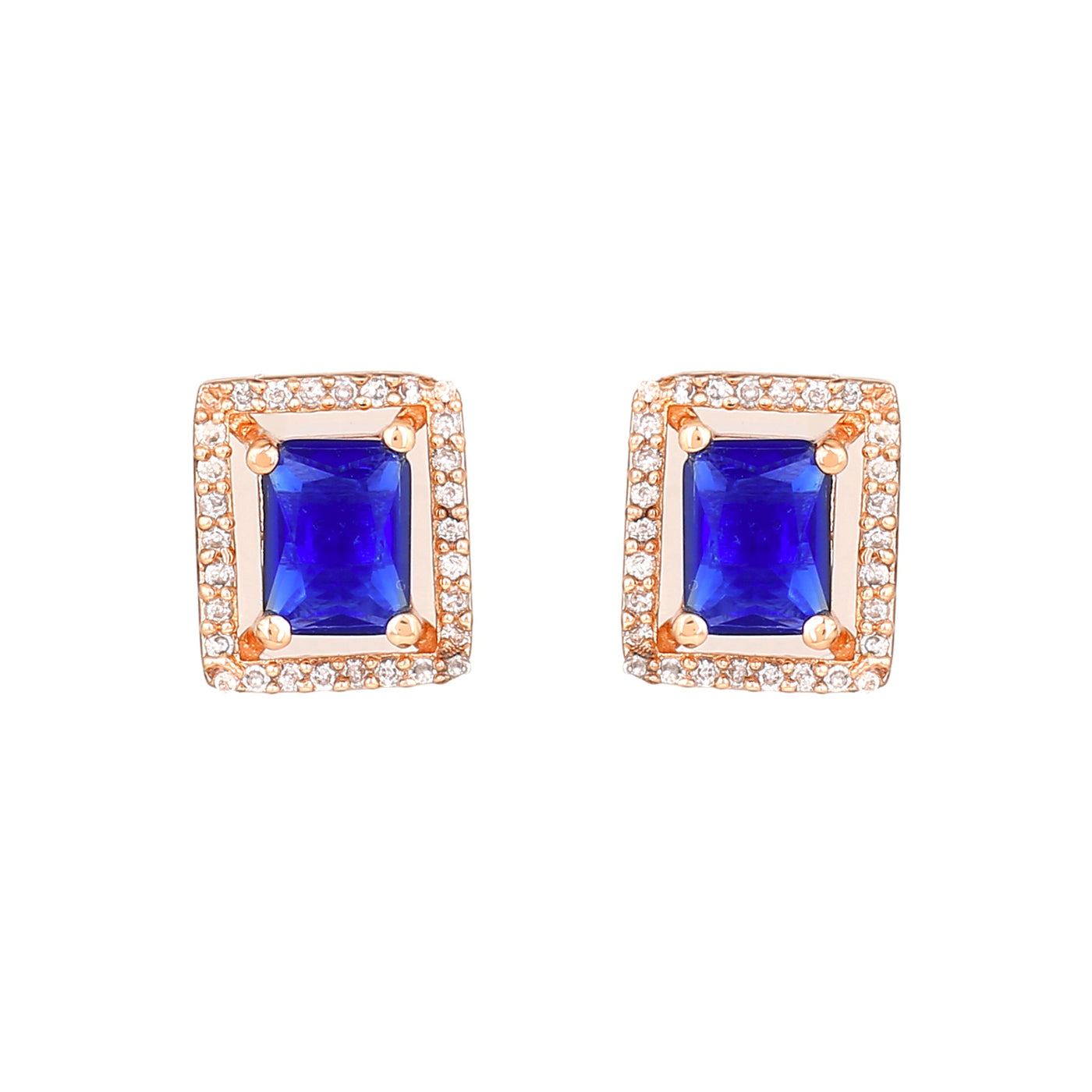 Estele Rose Gold Plated CZ Sparkling Designer Stud Earrings with Blue Crystals for Women