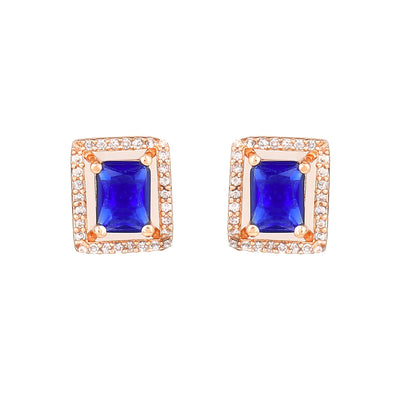 Estele Rose Gold Plated CZ Sparkling Designer Stud Earrings with Blue Crystals for Women