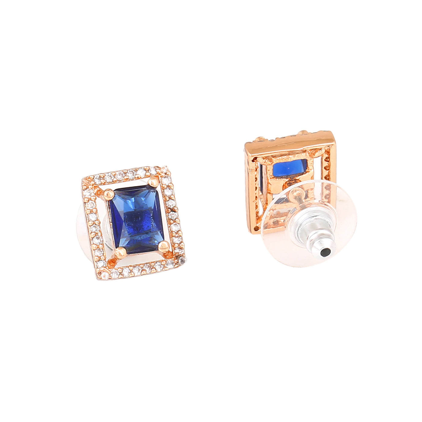 Estele Rose Gold Plated CZ Sparkling Designer Stud Earrings with Blue Crystals for Women