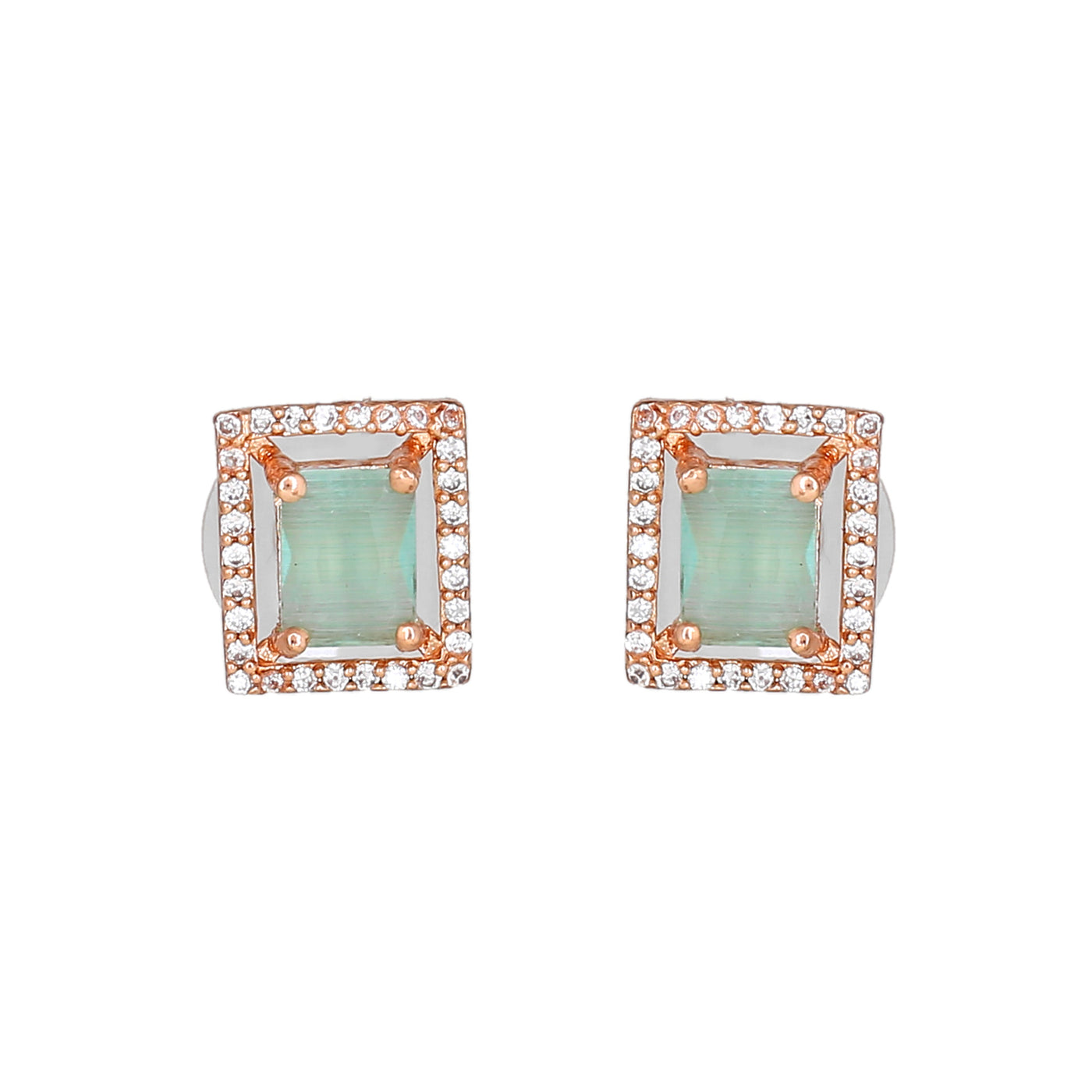 Estele Rose Gold Plated CZ Sparkling Designer Stud Earrings with Mint Green Crystals for Women