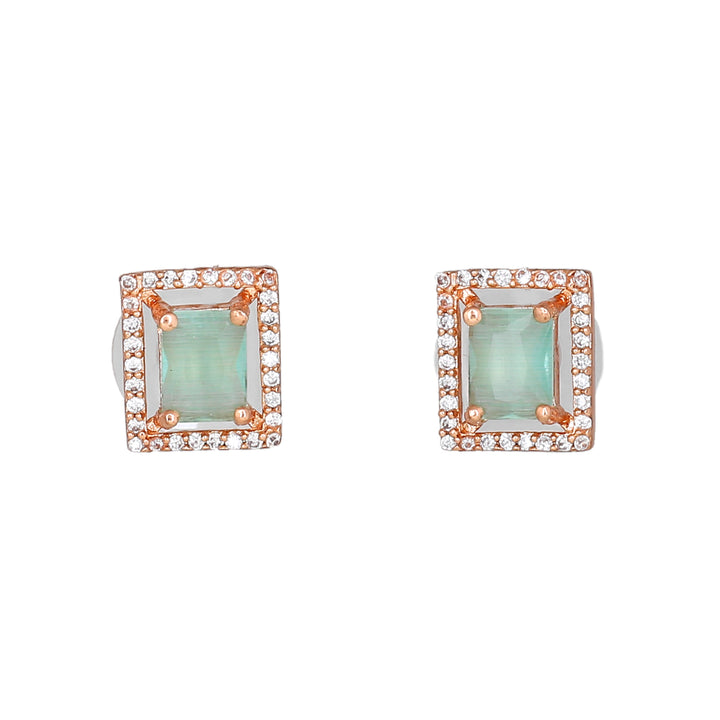 Estele Rose Gold Plated CZ Sparkling Designer Stud Earrings with Mint Green Crystals for Women
