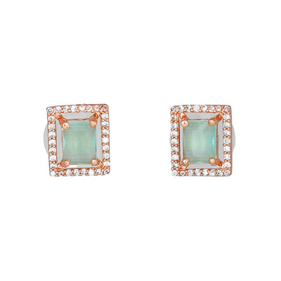 Estele Rose Gold Plated CZ Sparkling Designer Stud Earrings with Mint Green Crystals for Women