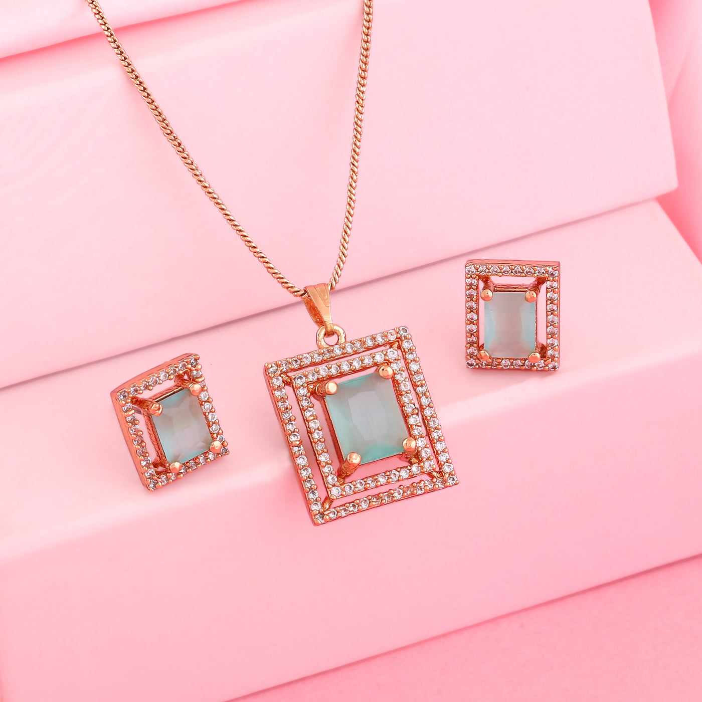 Estele Rose Gold Plated CZ Square Designer Pendant Set with Mint Green Crystals for Women