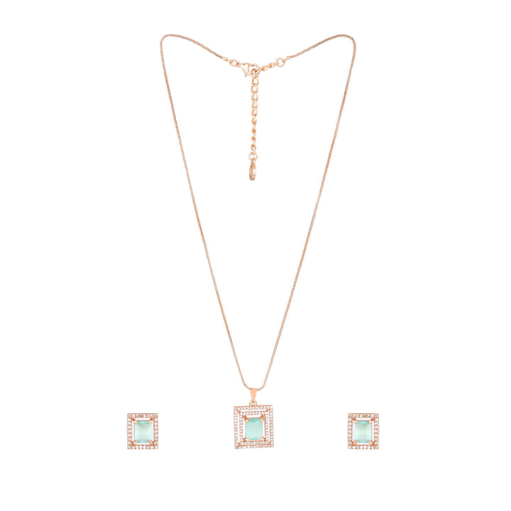 Estele Rose Gold Plated CZ Square Designer Pendant Set with Mint Green Crystals for Women