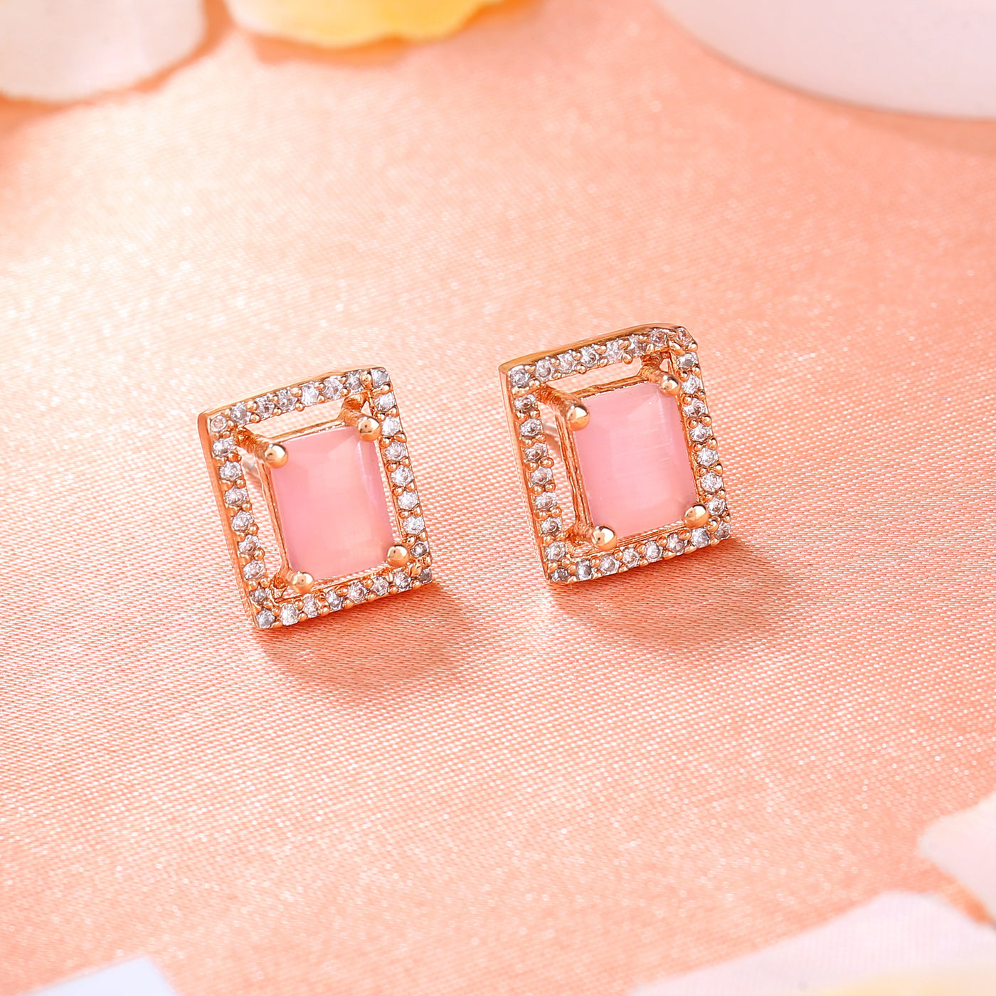 Estele Rose Gold Plated CZ Classic Designer Stud Earrings with Mint Pink Crystals for Women