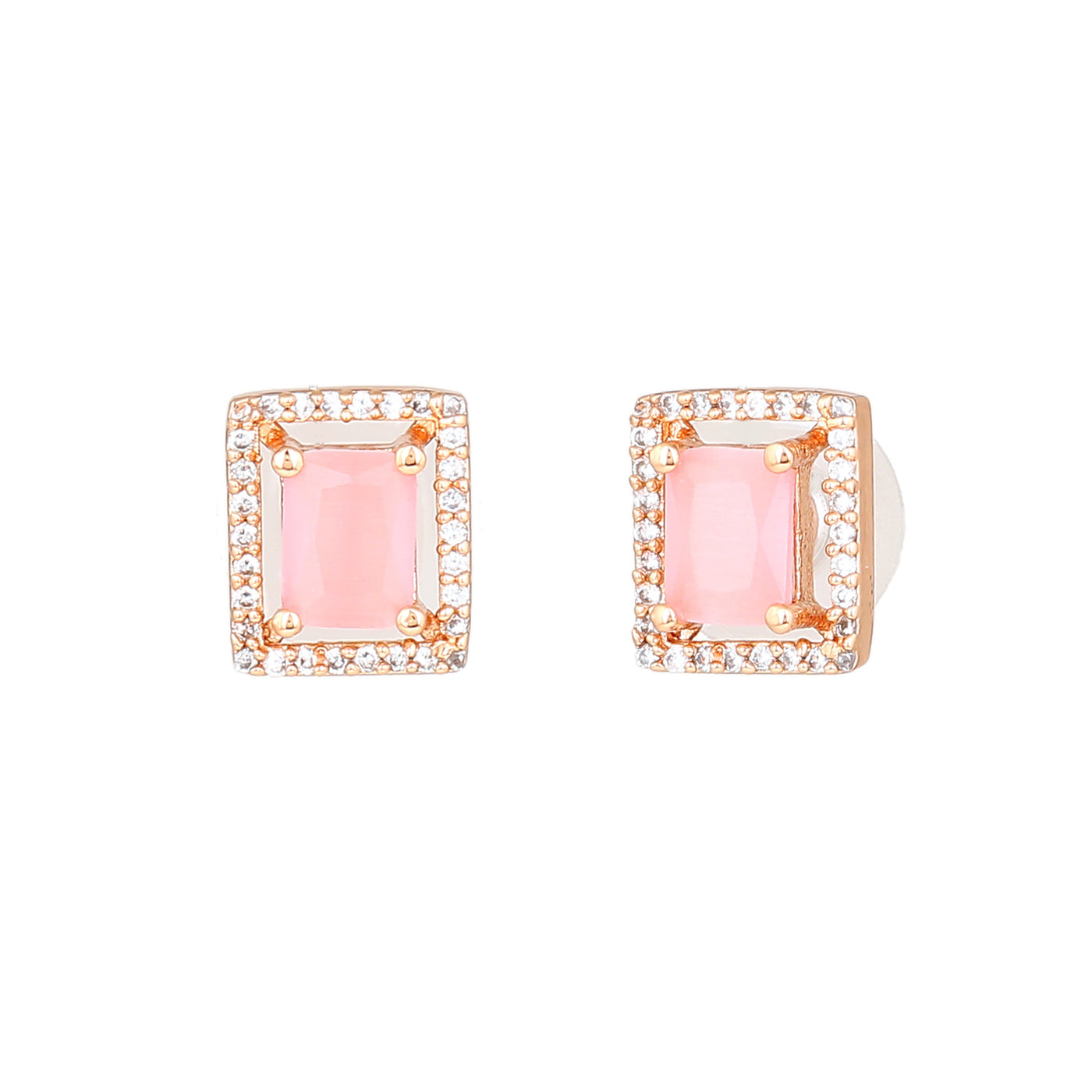 Estele Rose Gold Plated CZ Classic Designer Stud Earrings with Mint Pink Crystals for Women