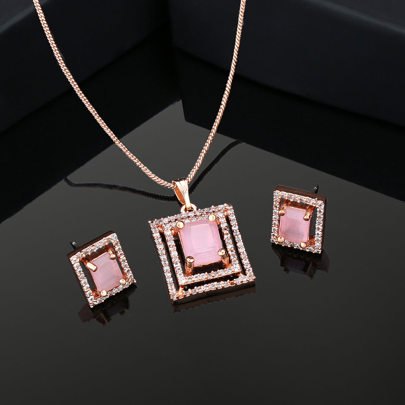 Estele Rose Plated CZ Attractive Pendant Set with Mint Pink Crystals for Women