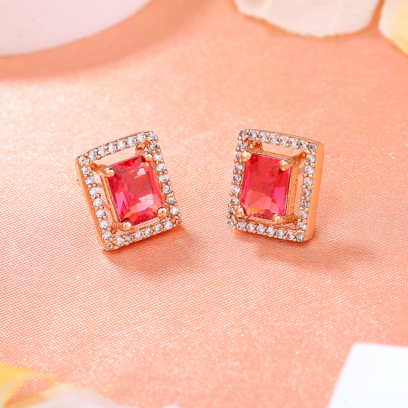 Estele Rose Gold Plated CZ Sparkling Designer Stud Earrings with Tourmaline Pink for Women