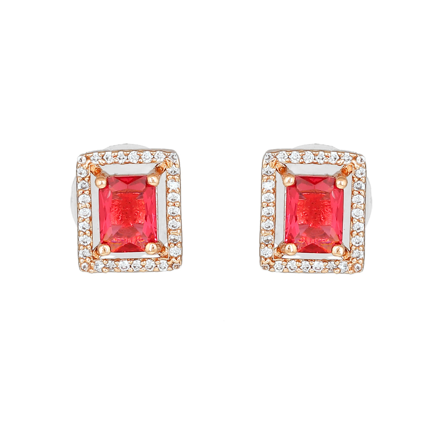 Estele Rose Gold Plated CZ Sparkling Designer Stud Earrings with Tourmaline Pink for Women