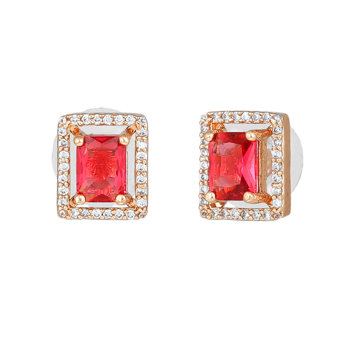 Estele Rose Gold Plated CZ Sparkling Designer Stud Earrings with Tourmaline Pink for Women