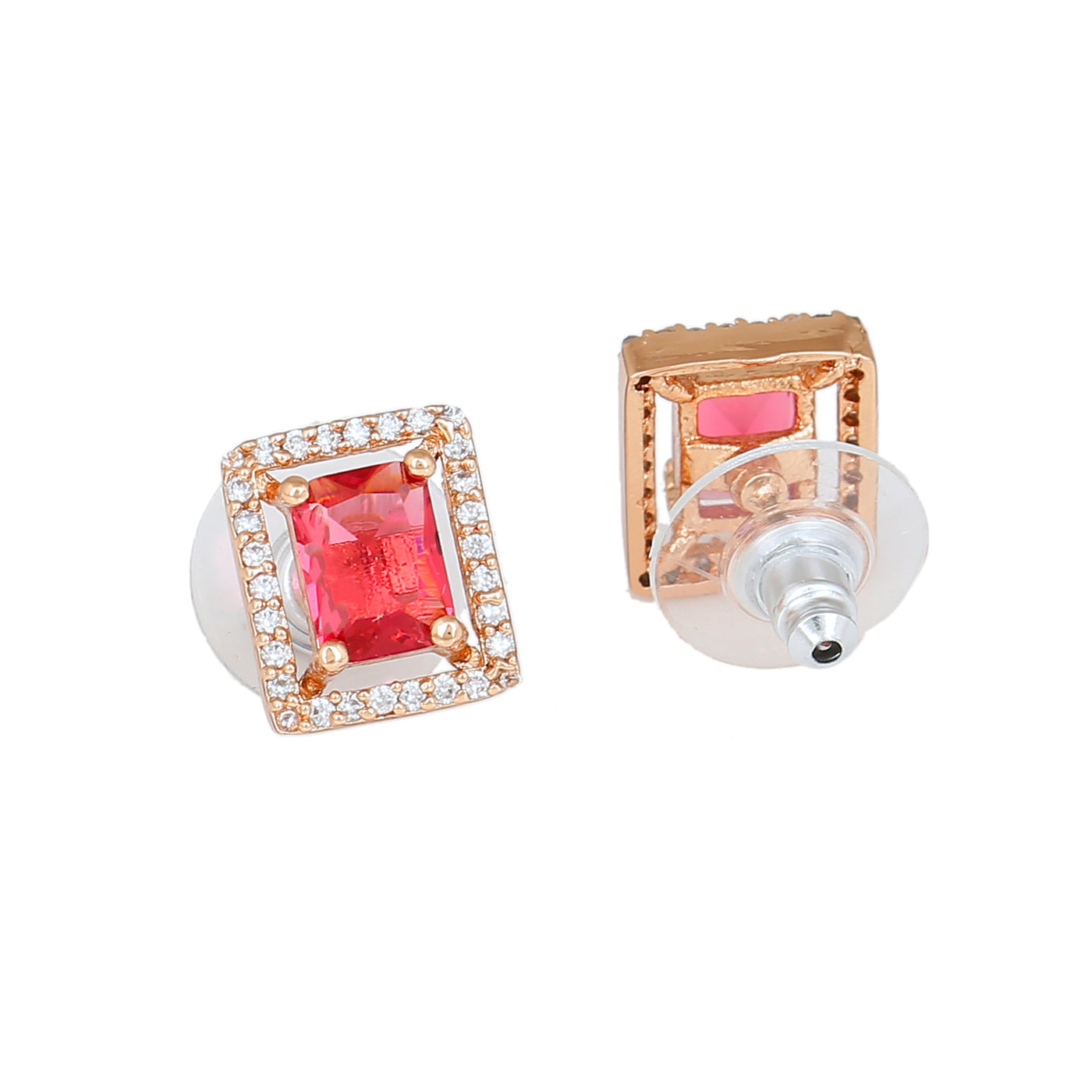 Estele Rose Gold Plated CZ Sparkling Designer Stud Earrings with Tourmaline Pink for Women