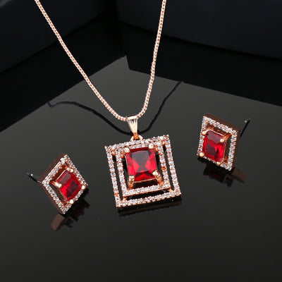 Estele Rose Gold Plated CZ Beautiful Square Designer Pendant Set with Tourmaline Pink Crystals for Women