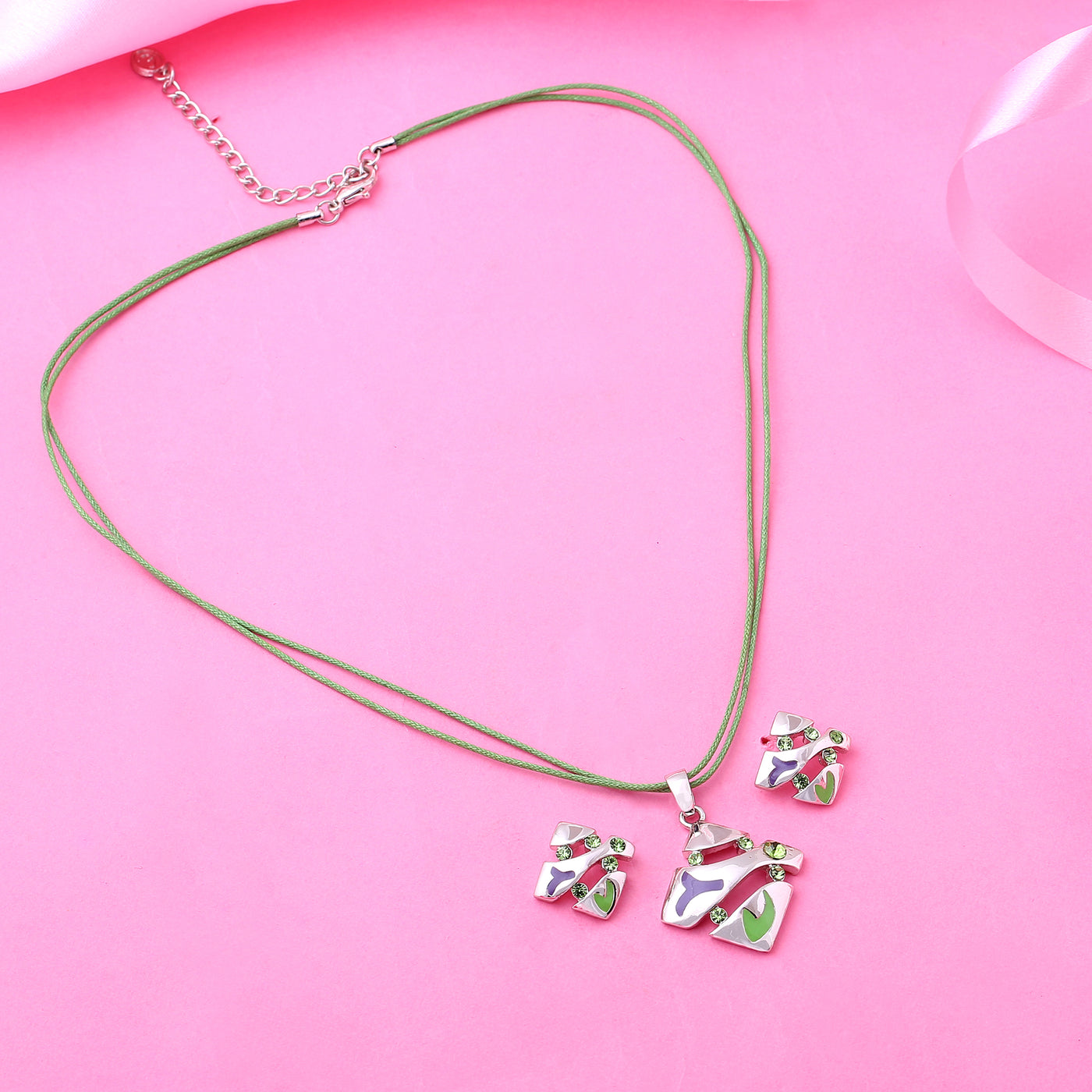 Estele Silver Tone Square Shape with Enamel and Crystal Necklace Set for Women