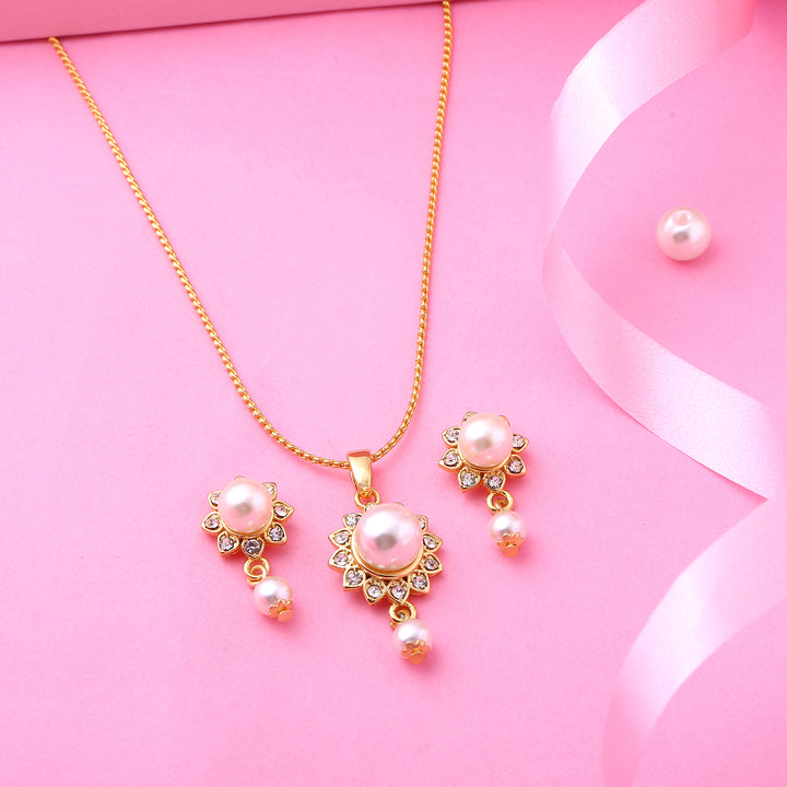 Estele Gold Plated Trendy and Fancy Flower Pearl with Austrian Crystal Pendant Set for Women / Girls